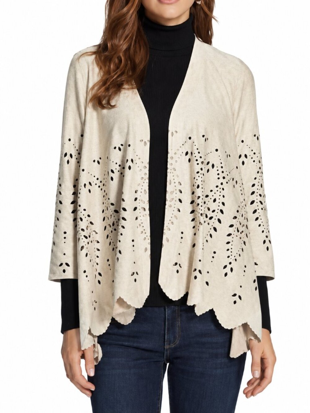 Chico’s Faux Suede Laser-Cut Open Front Cardigan Jacket Size 3 (US 16)